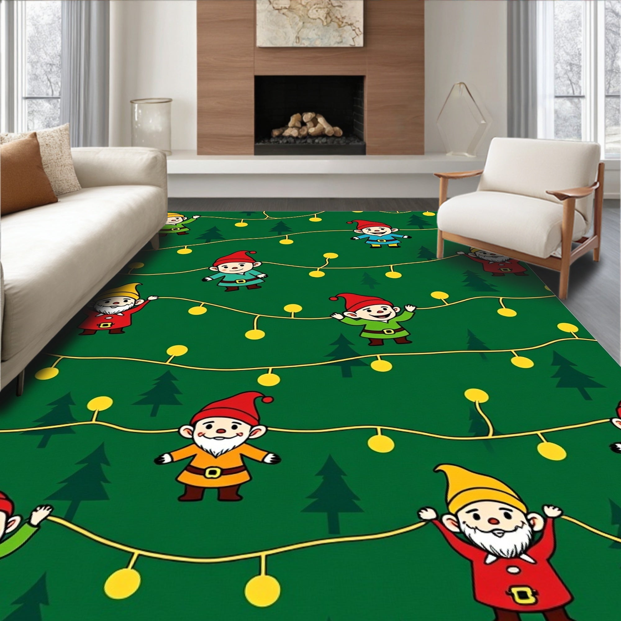 Festive Green Gnome Christmas Lights Rug