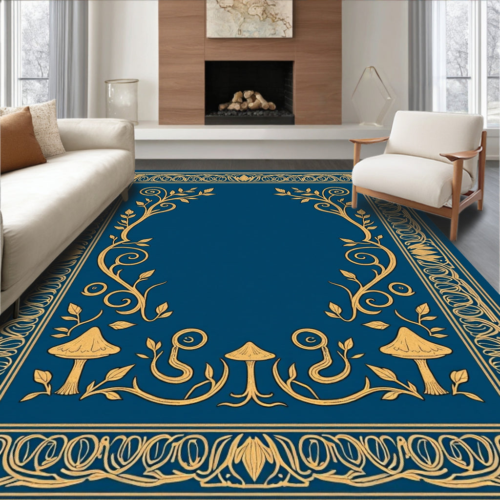 Golden Mushroom Floral Swirls Navy Rug