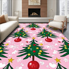 Festive Green Christmas Trees Pink Background Rug
