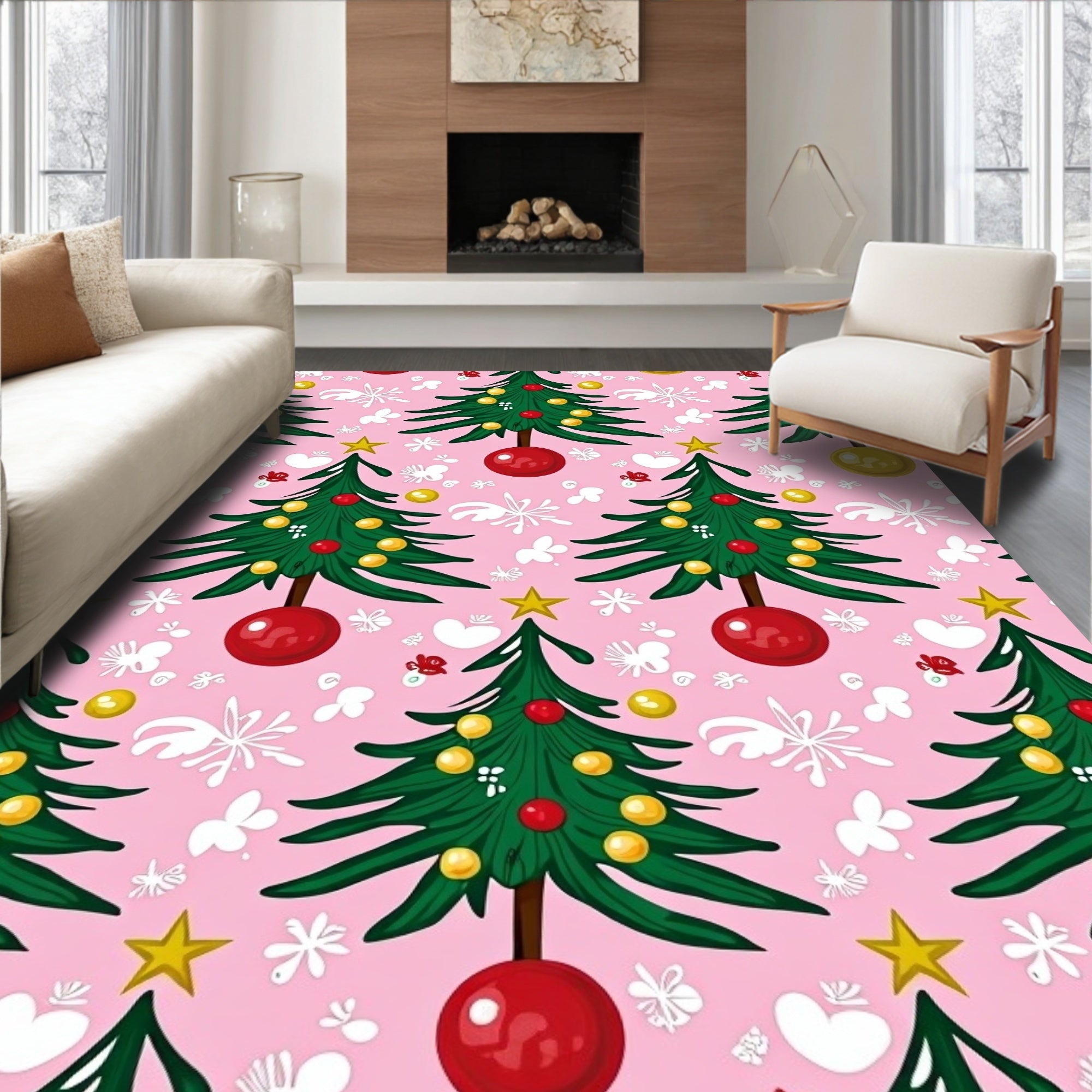 Festive Green Christmas Trees Pink Background Rug