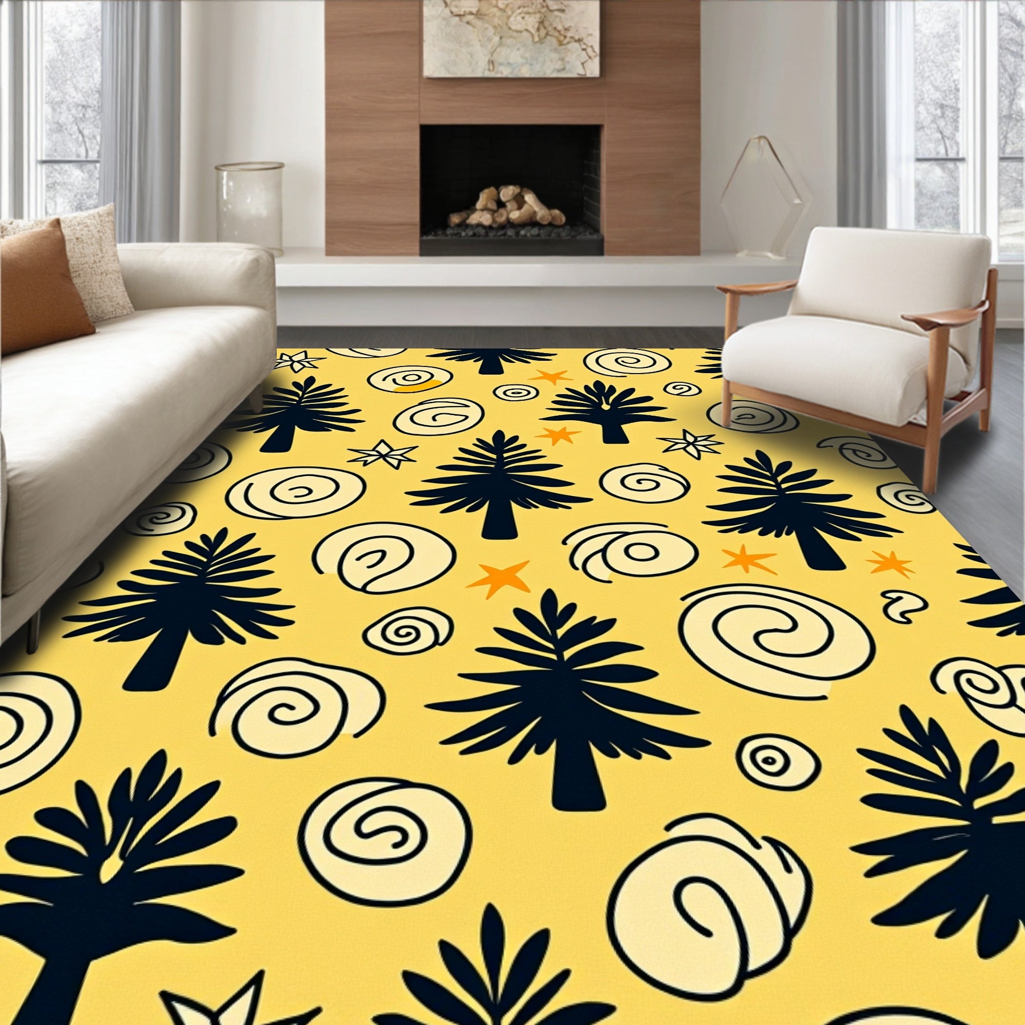 Whimsical Blue Pine Swirls Yellow Rug