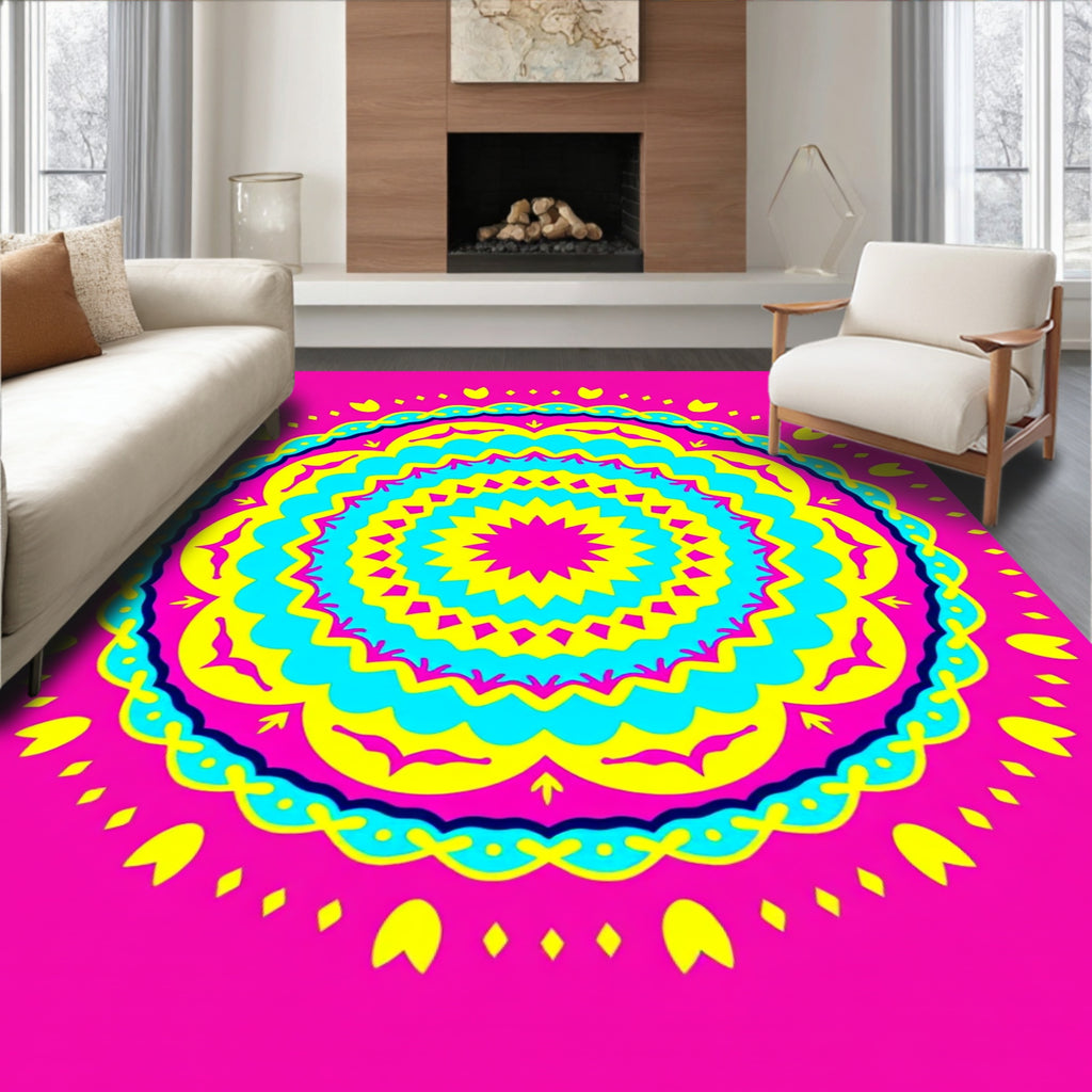 Vibrant Pink Teal Yellow Mandala Rug