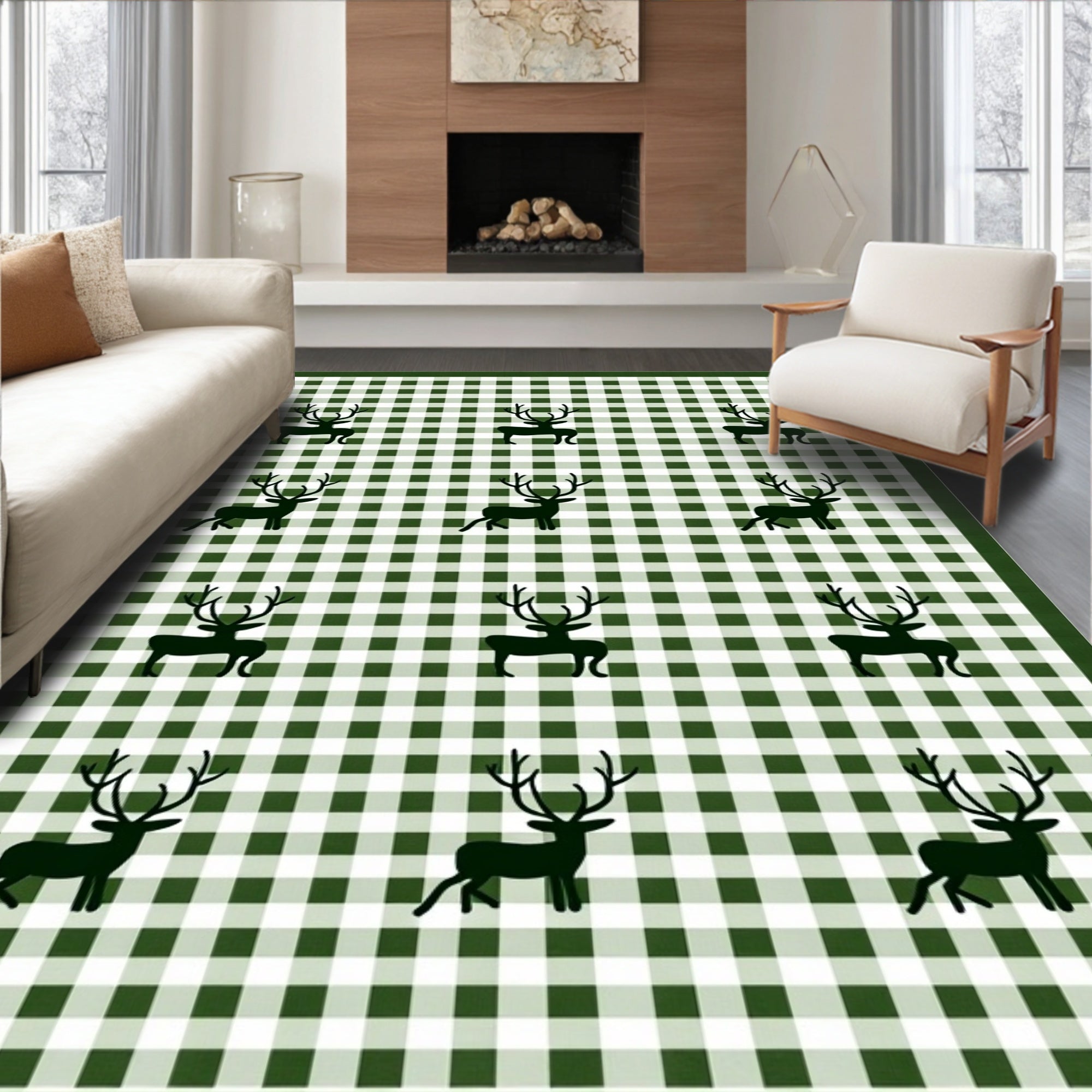 Forest Green Gingham Deer Tableau Rug