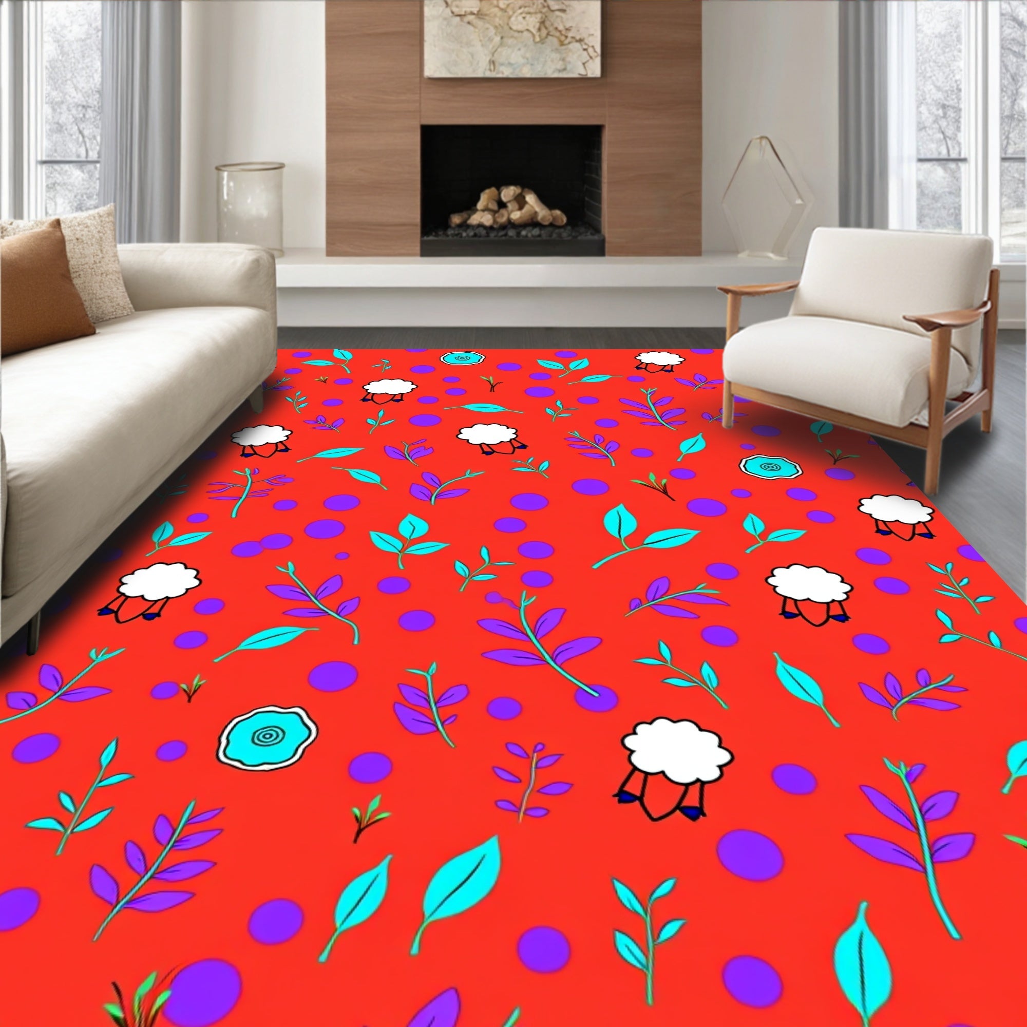 Whimsical Sheep Teal Purple Dots Rug