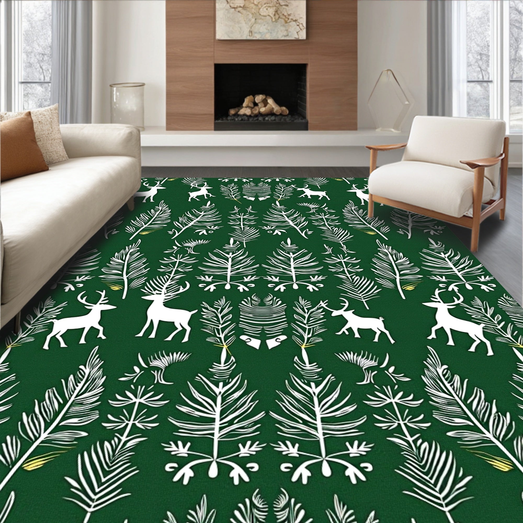 Forest Deer And Evergreen Boughs Rug