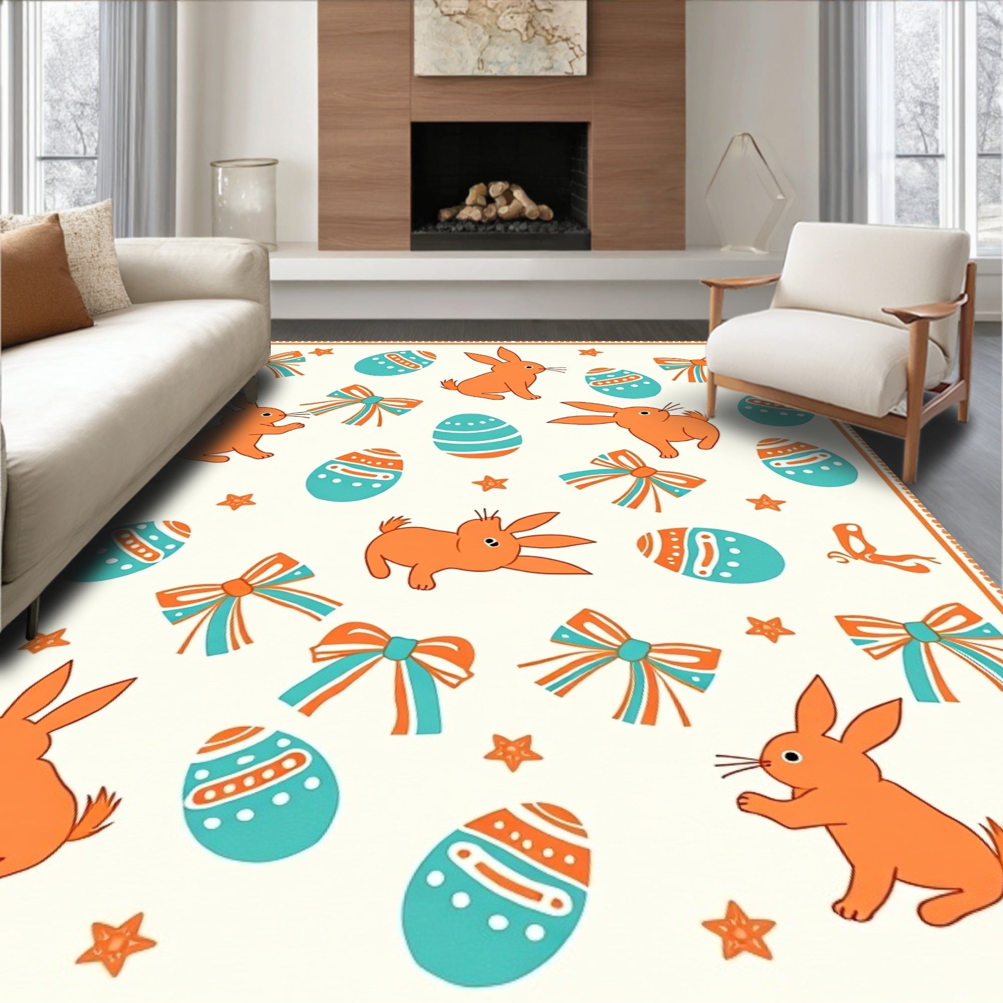 Orange Bunny Turquoise Egg Bows Rug