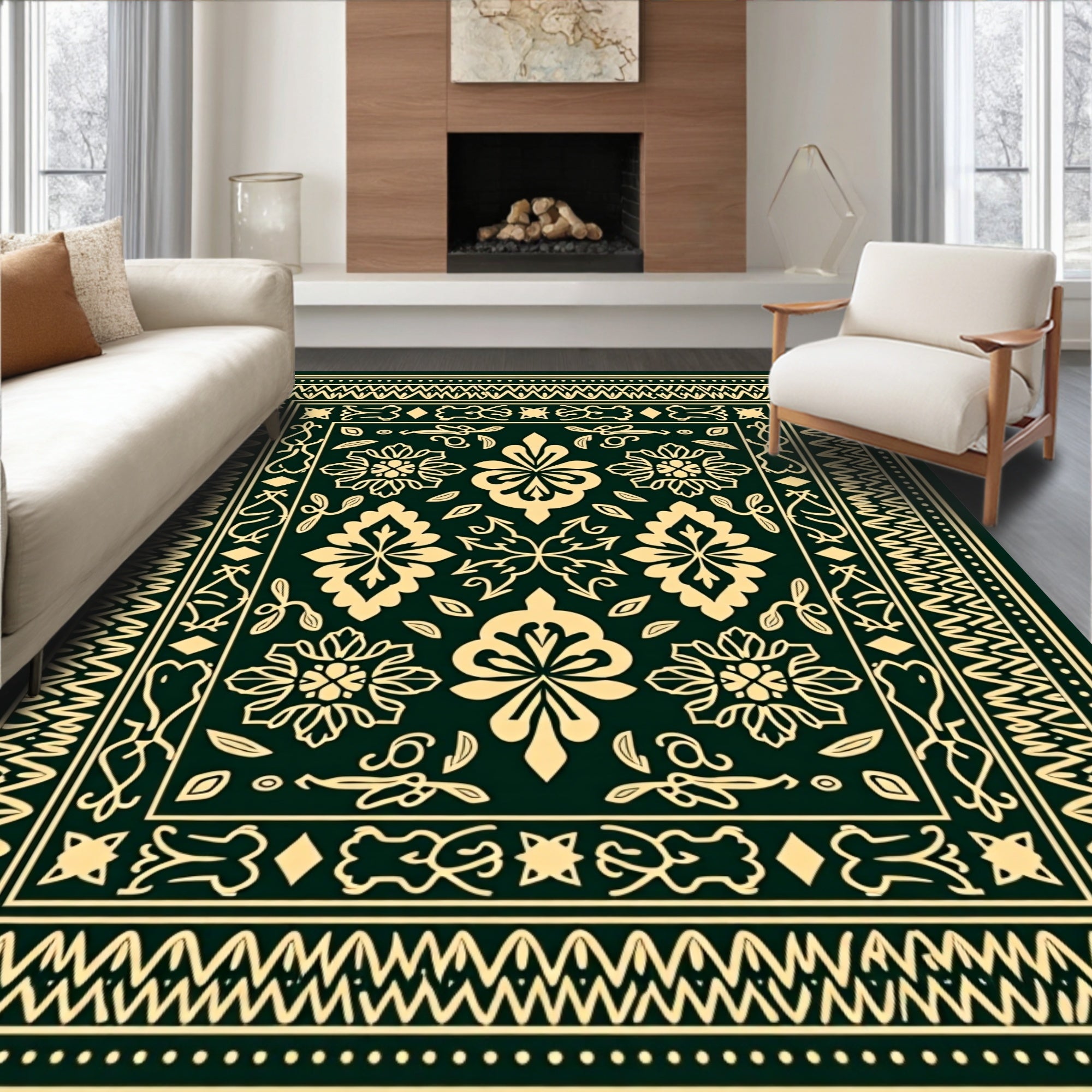 Classic Ivory Floral Medallion Border Rug