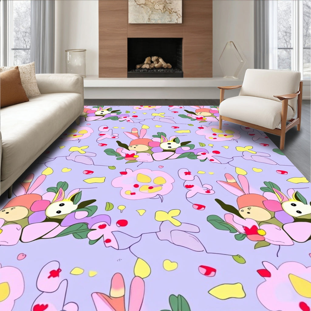 Whimsical Pastel Bunny Floral Garden Rug