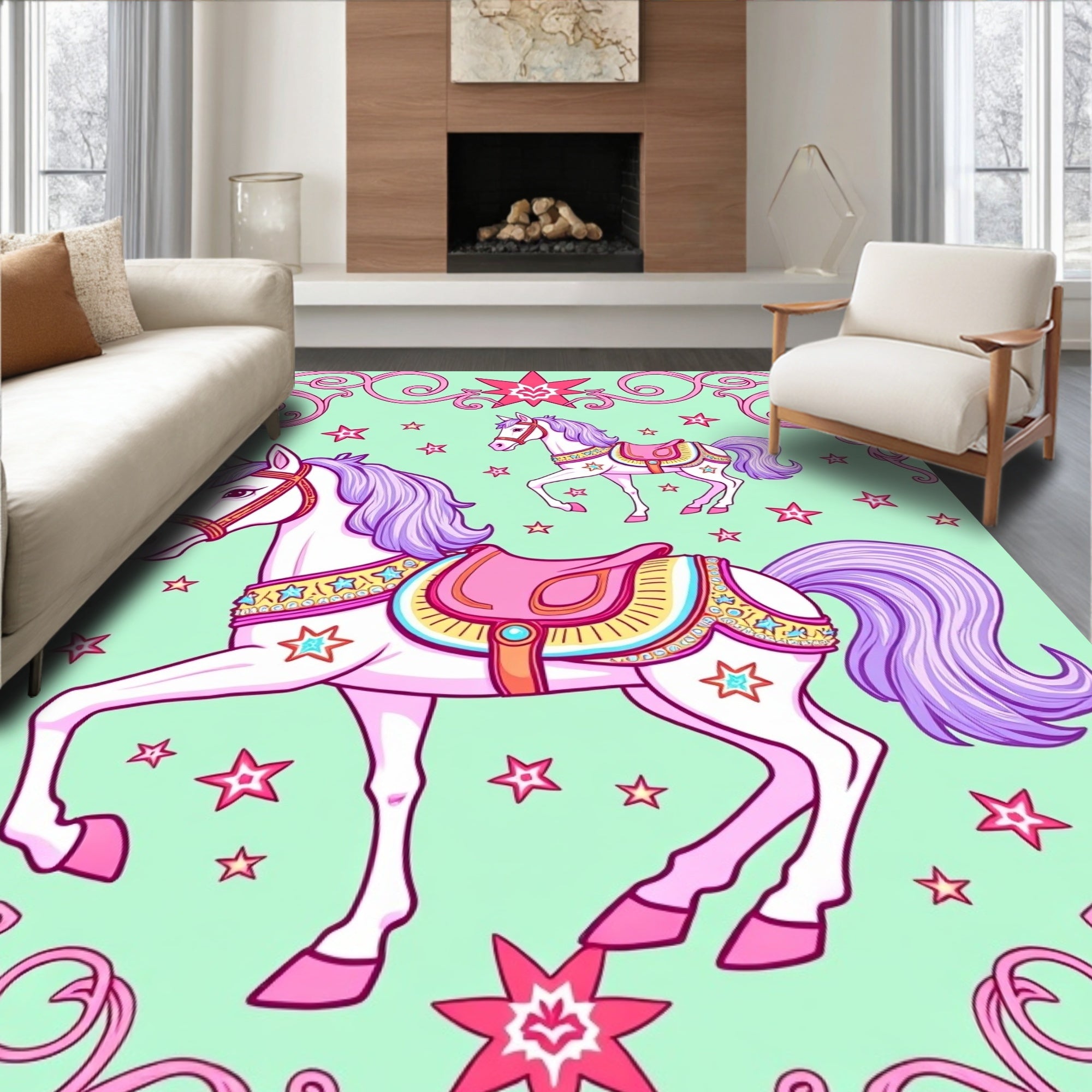 Whimsical Pink Carousel Horses Stars Rug
