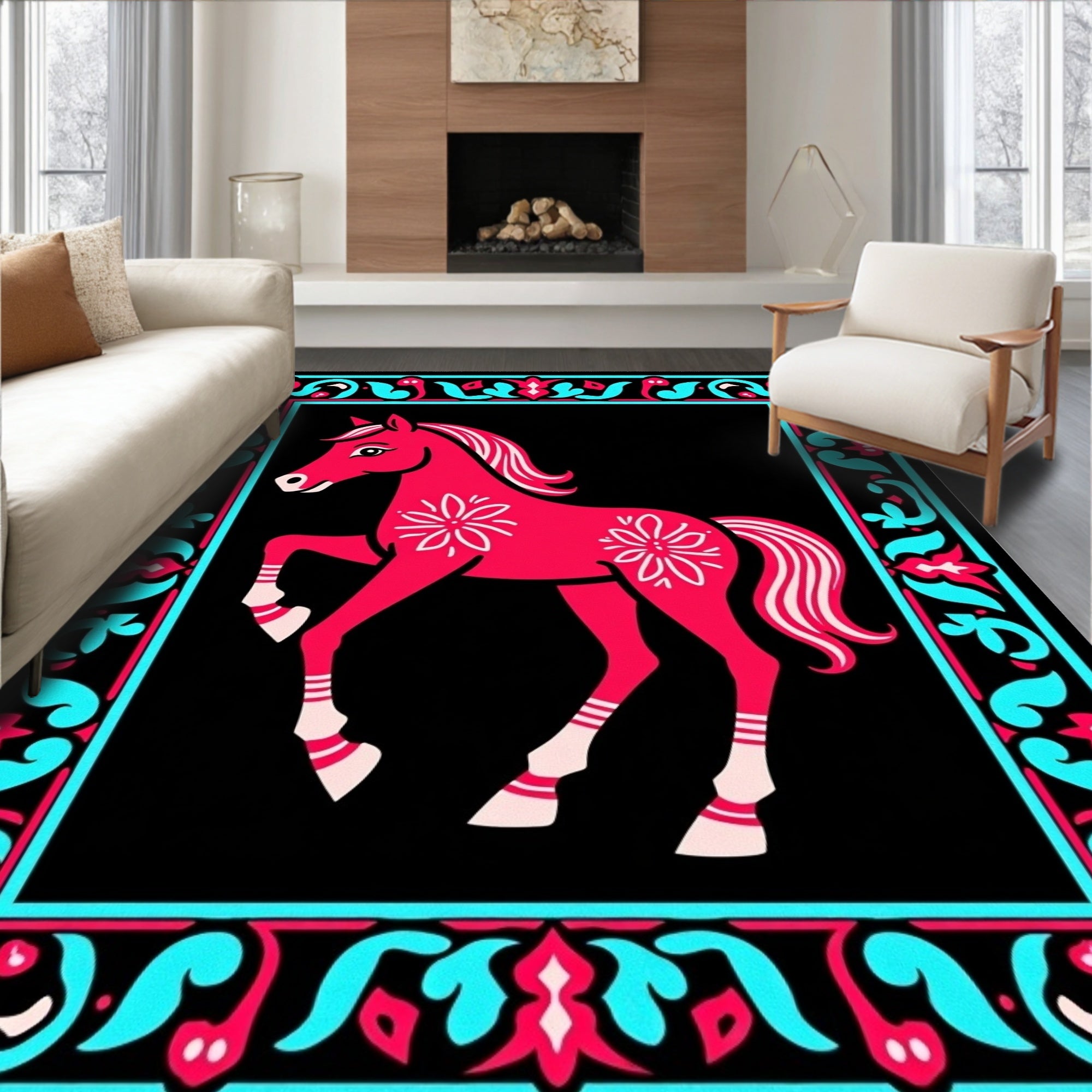 Bright Pink Horse Floral Border Rug