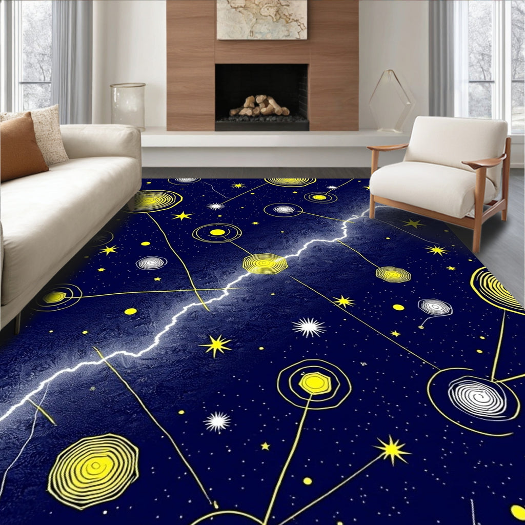 Cosmic Yellow Swirls Lightning Galaxy Rug
