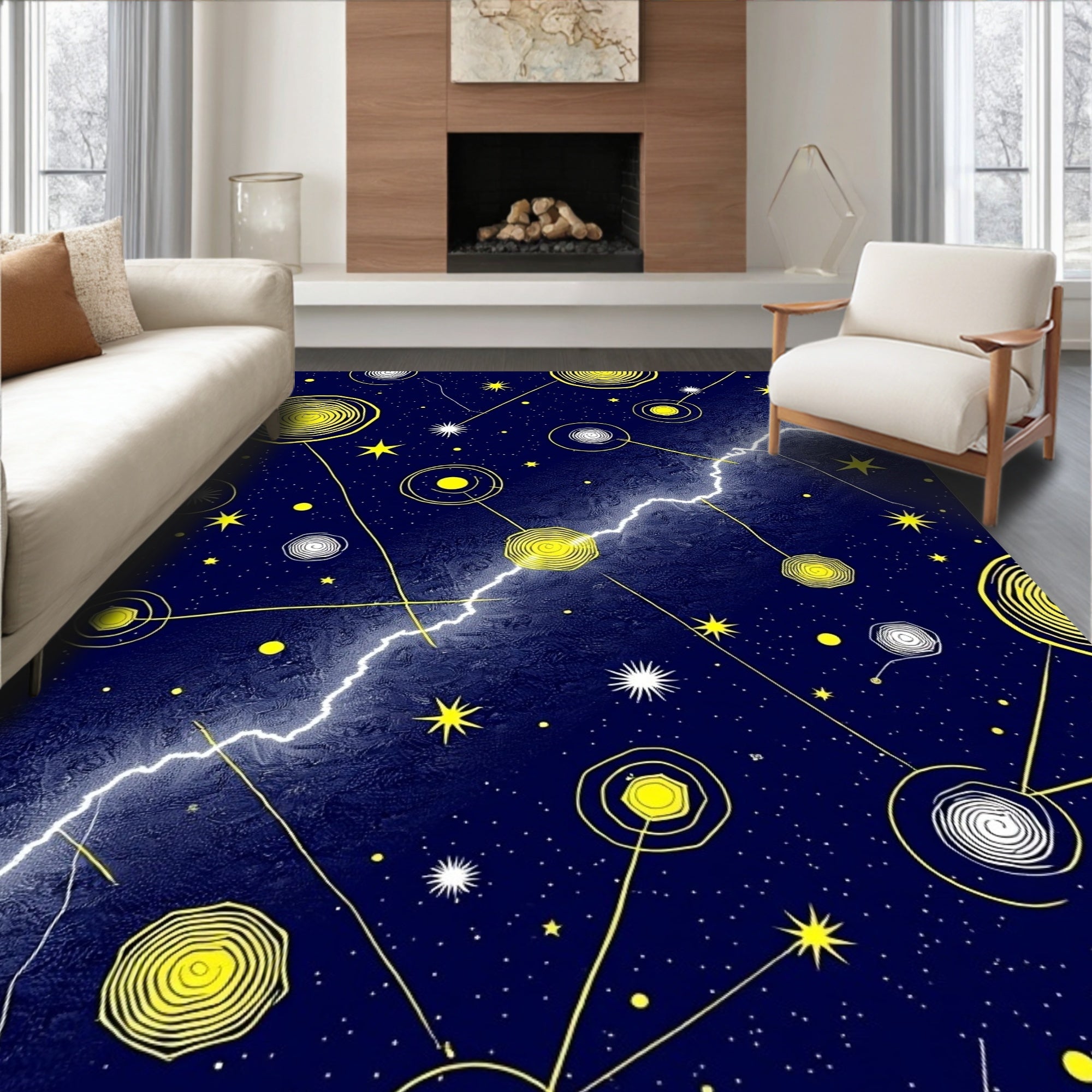 Cosmic Yellow Swirls Lightning Galaxy Rug