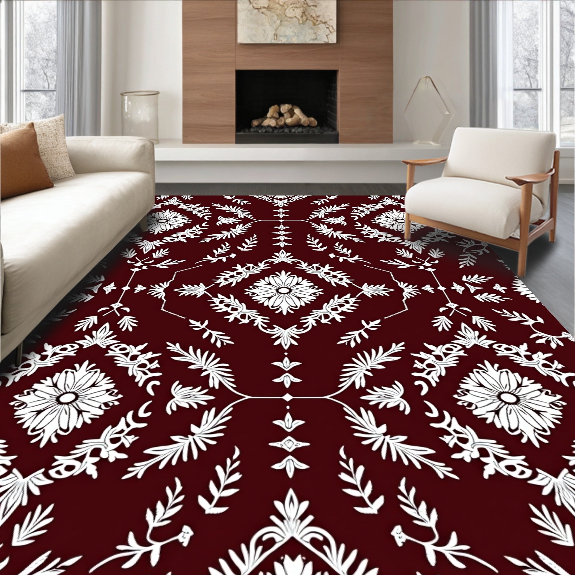 Deep Maroon Floral Medallion Repeat Rug