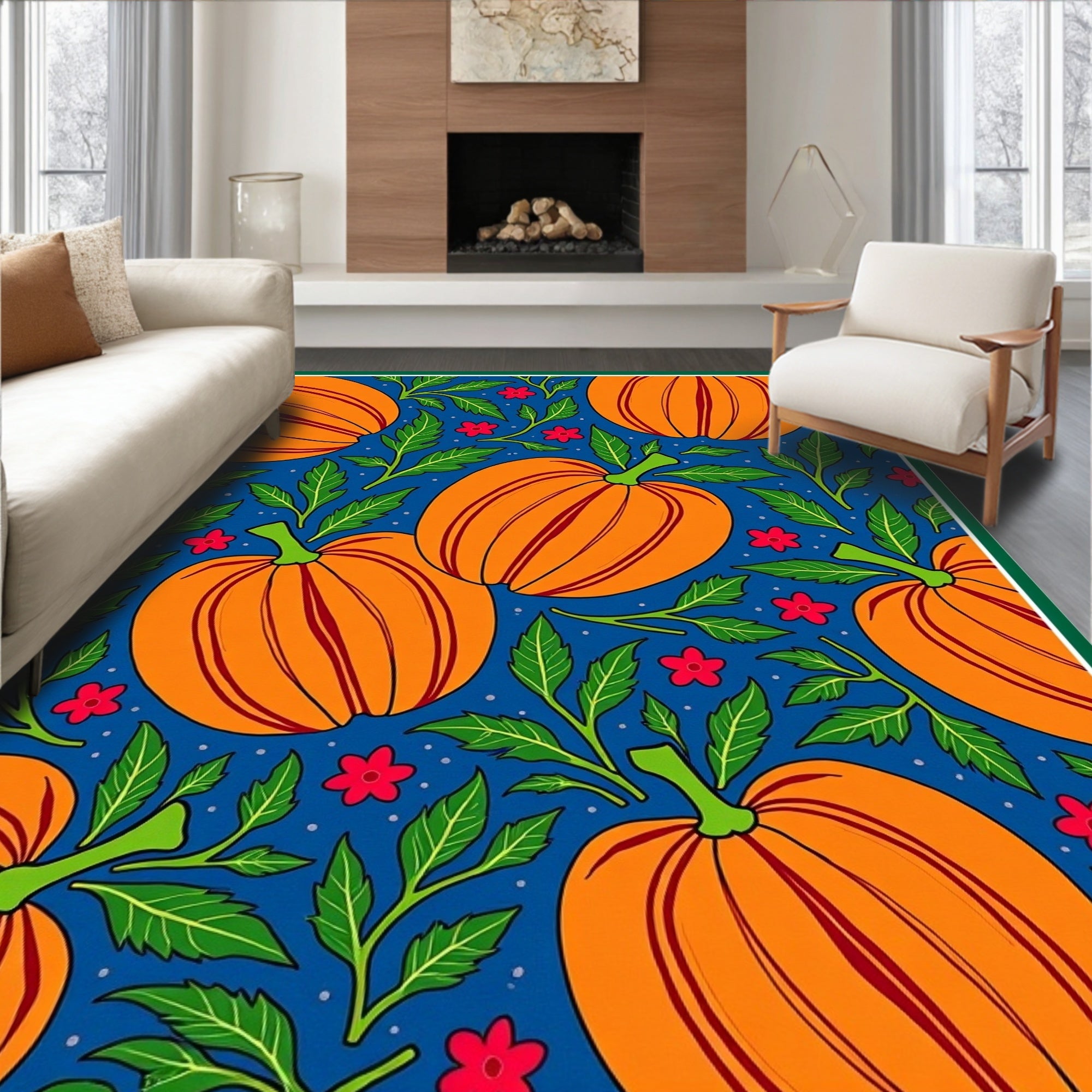 Vibrant Orange Pumpkin Floral Sprig Rug