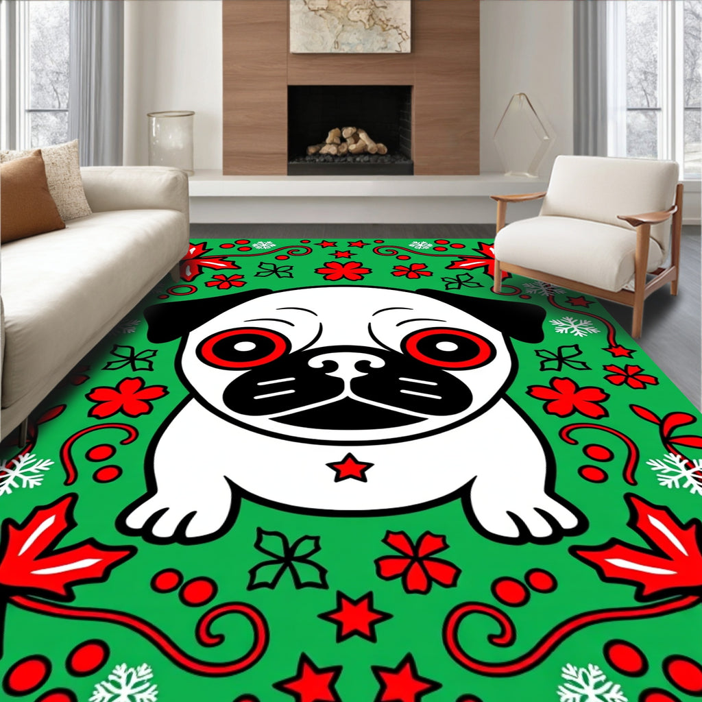 Whimsical Pug Christmas Green Red Snowflake Rug