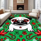 Whimsical Pug Christmas Green Red Snowflake Rug