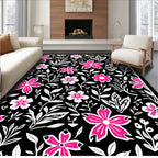 Bold Pink Blooming Branches Botanical Black Rug