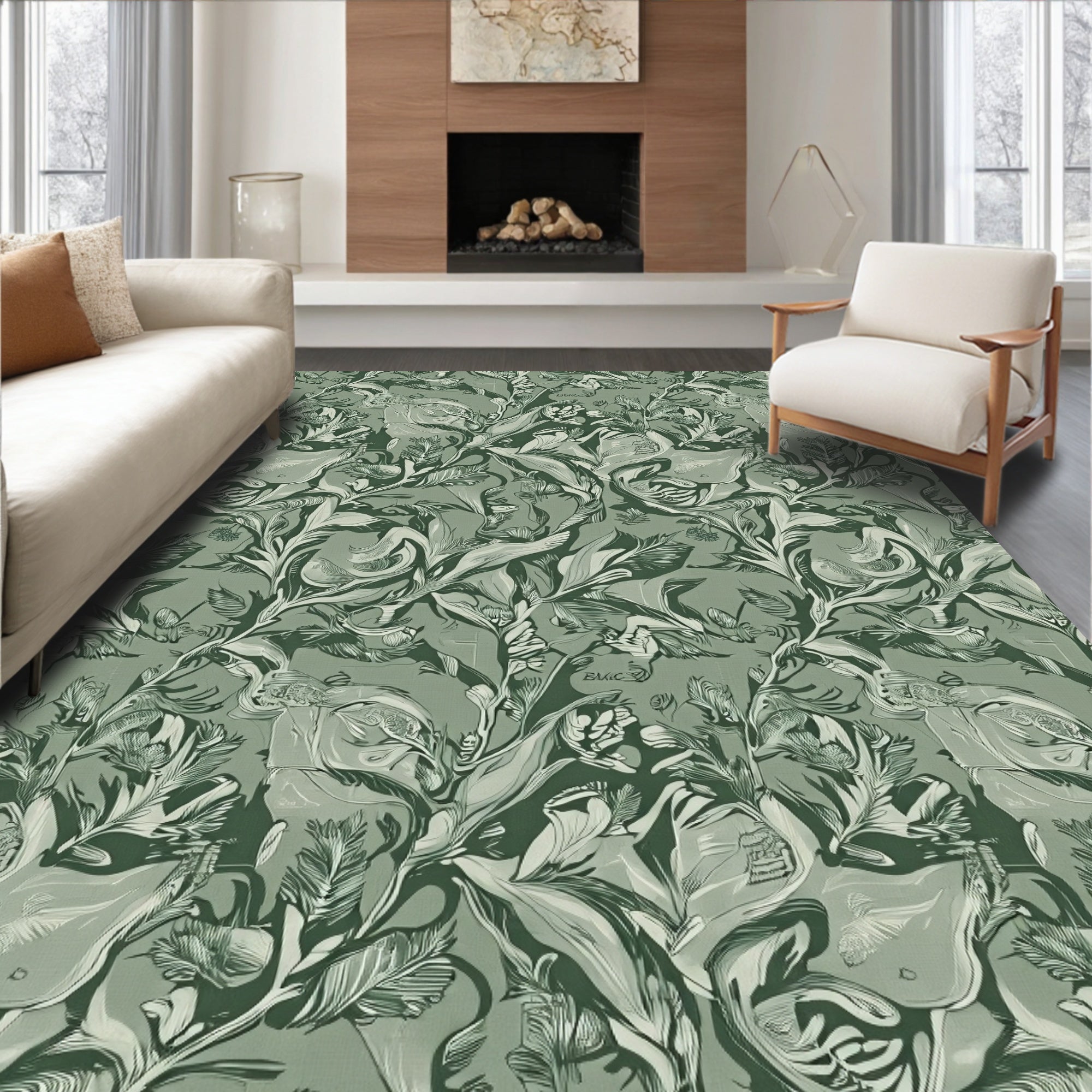 Earthy Green Organic Foliage Swirl Rug