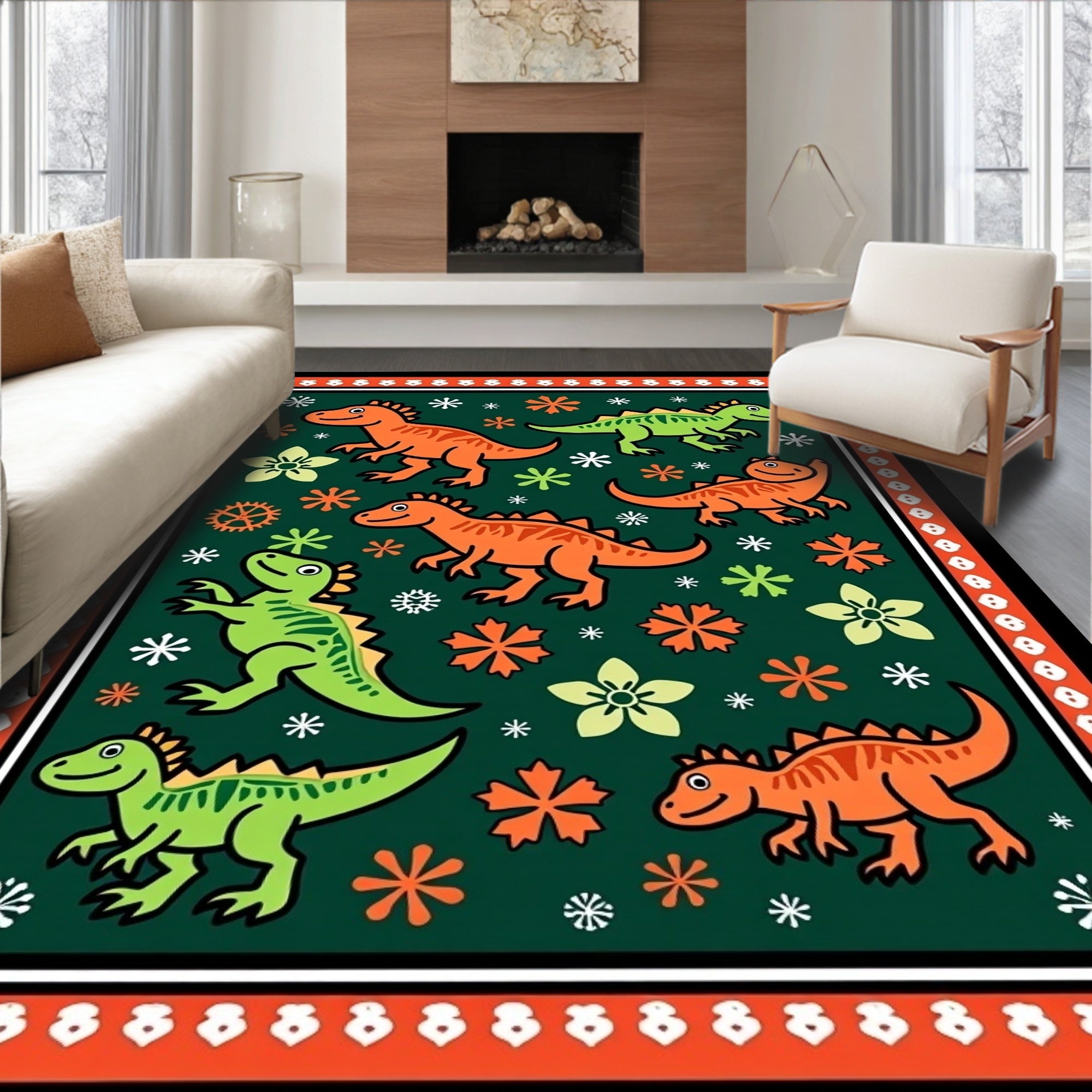 Fun Orange Green Dinosaur Flora Rug