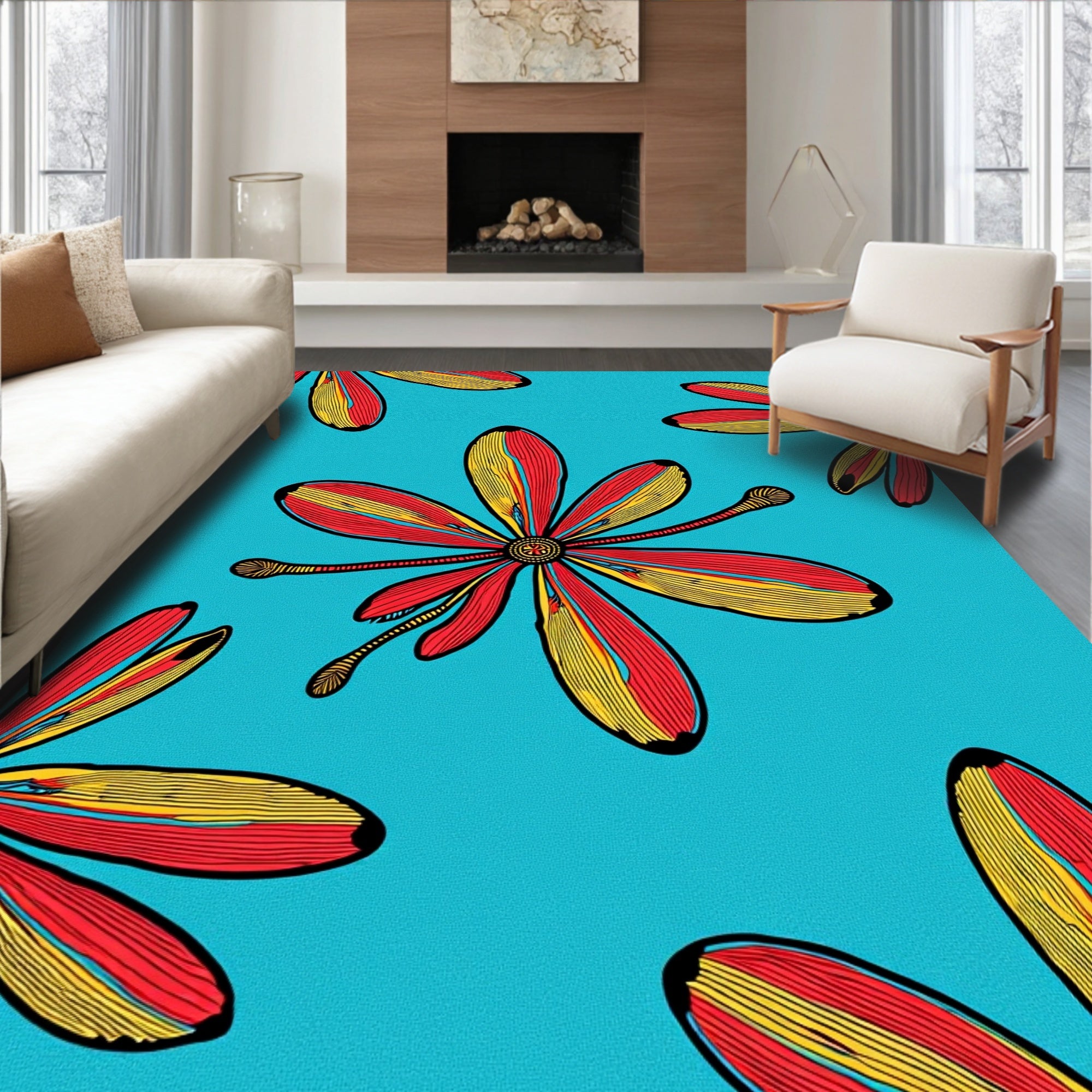 Vibrant Aqua Red Yellow Floral Reprise Rug