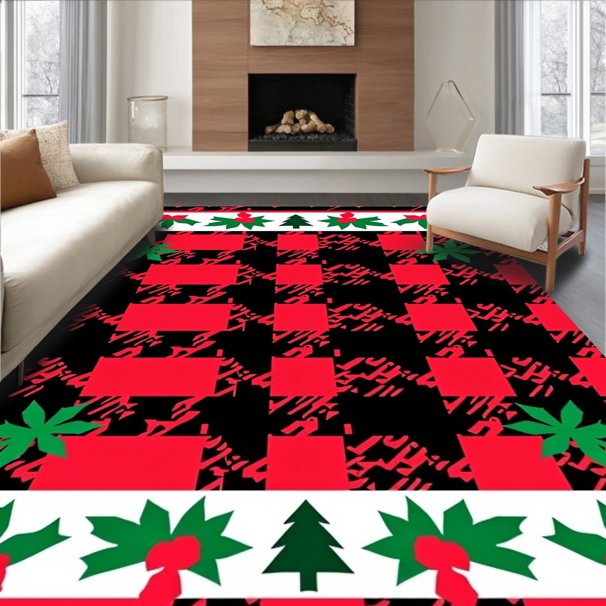 Red Black Plaid Holly Forest Rug