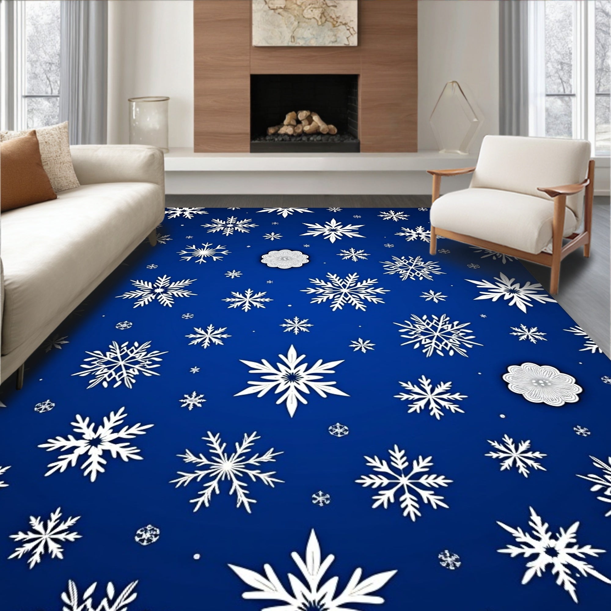 White Snowflakes Scattered Cobalt Blue Background Rug