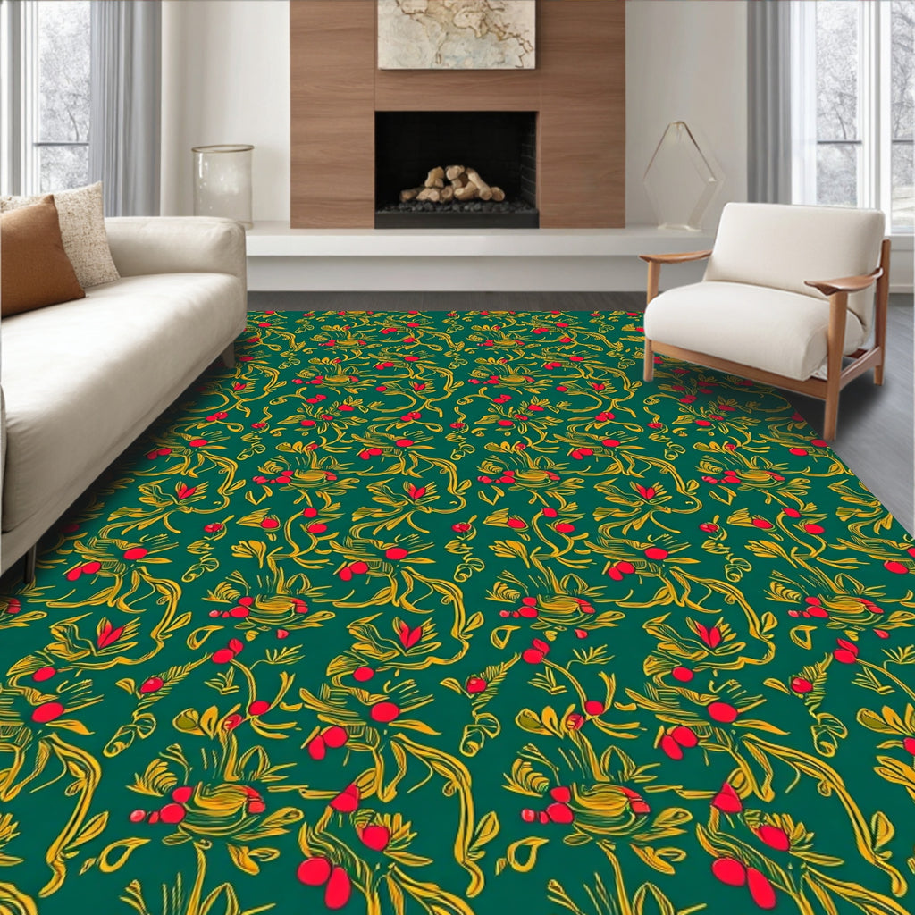 Emerald Green Red Berry Vine Rug