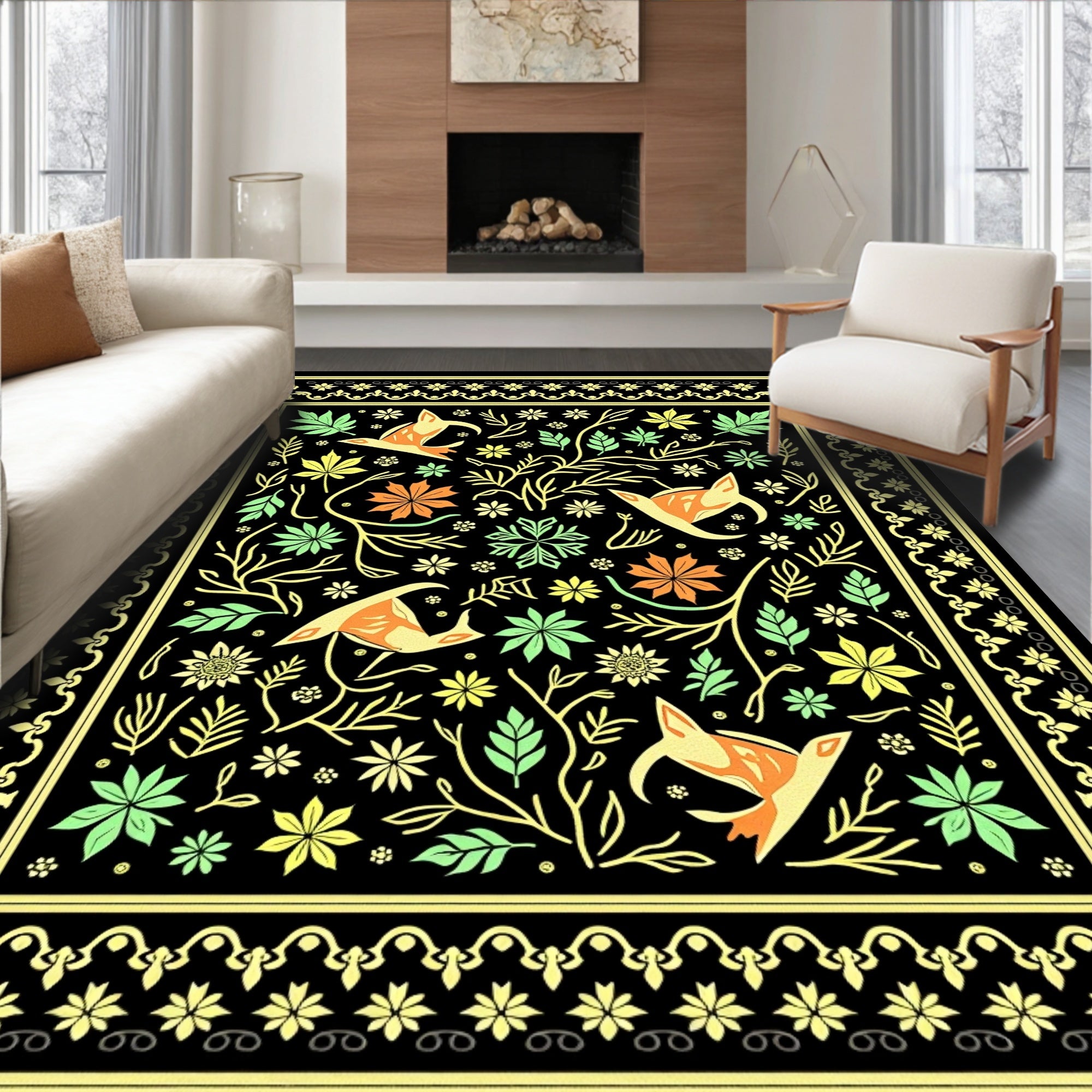 Whimsical Orange Birds Floral Forest Rug