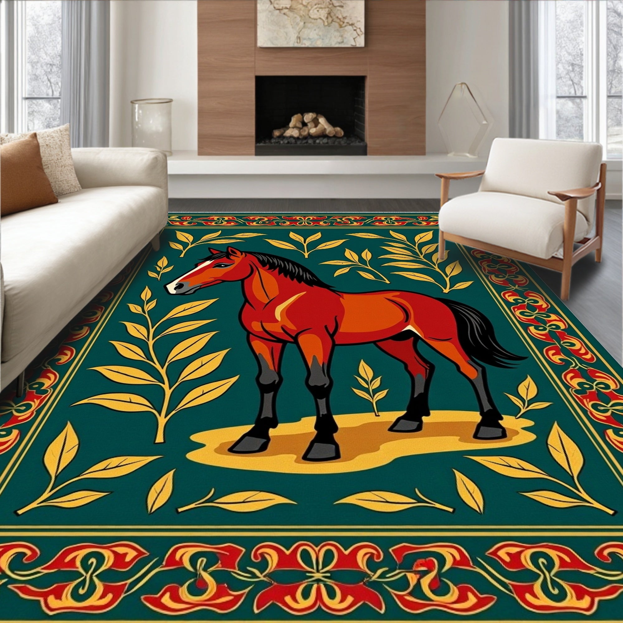 Red Horse Golden Foliage Teal Border Rug