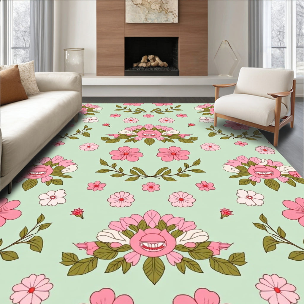 Retro Pink Floral Grin Repeating Pattern Rug