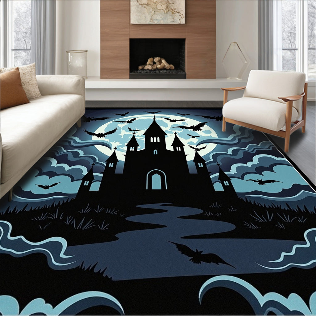 Spooky Blue Moon Bats Castle Landscape Rug