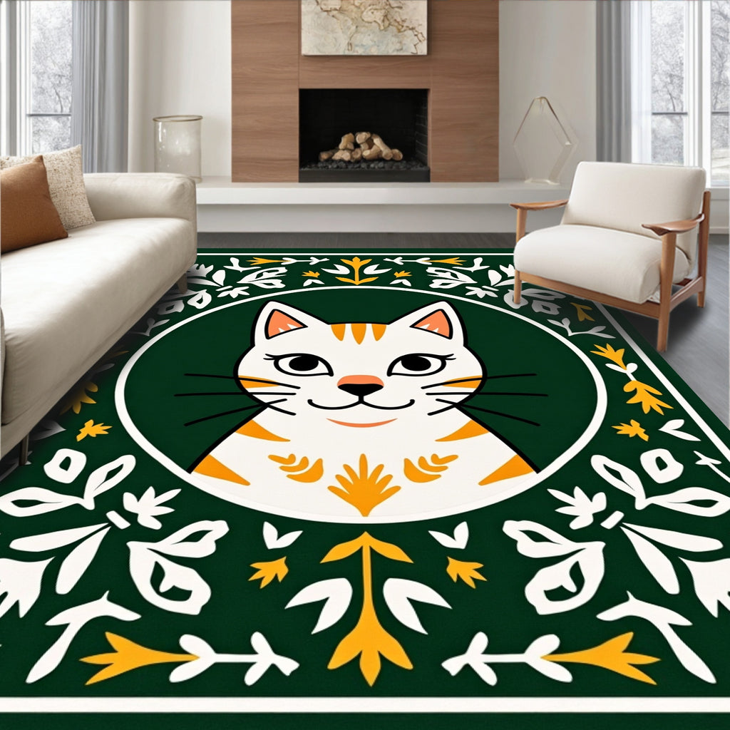Whimsical White Cat Folk Art Rug