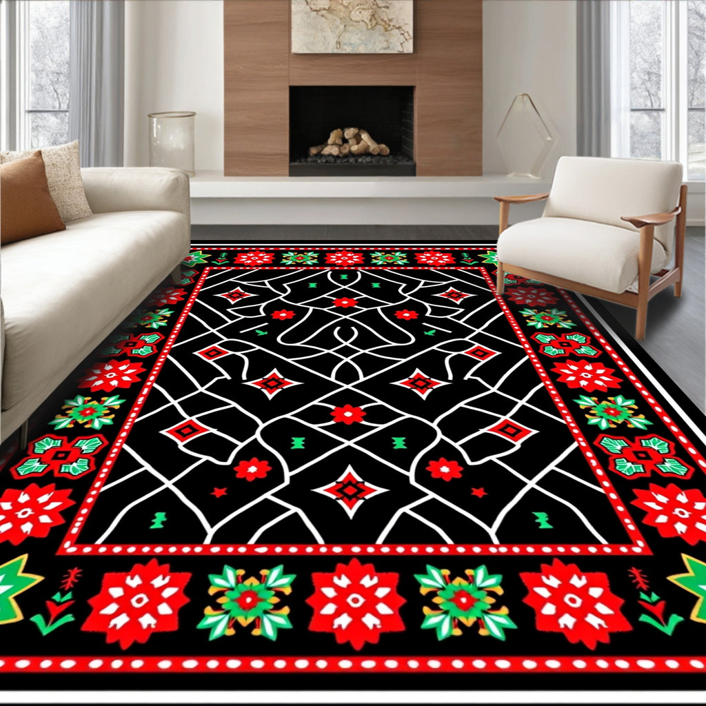 Bold Red Floral Geometric Border Rug