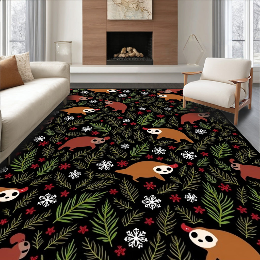 Whimsical Sloth Snowflakes Pine Branches Rug