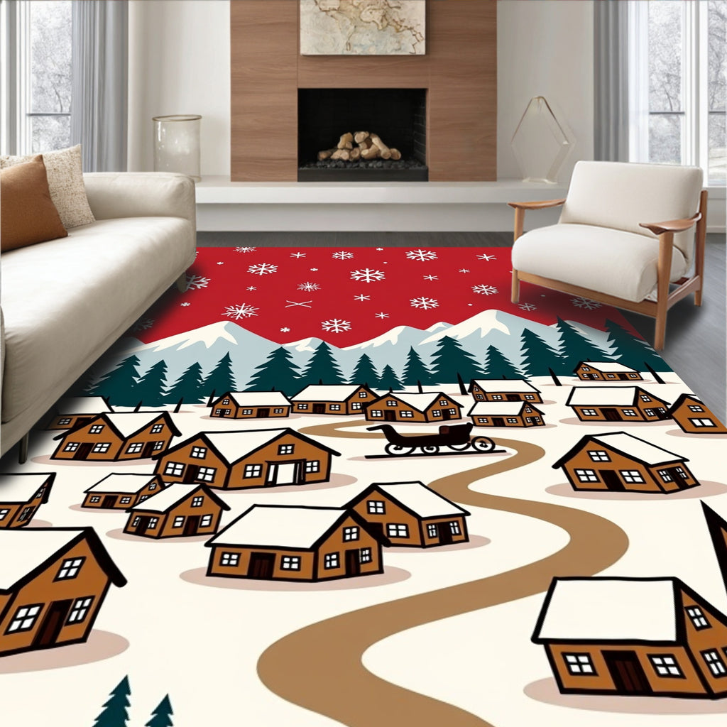 Winter Village Snowfall Sleigh Scene Rug