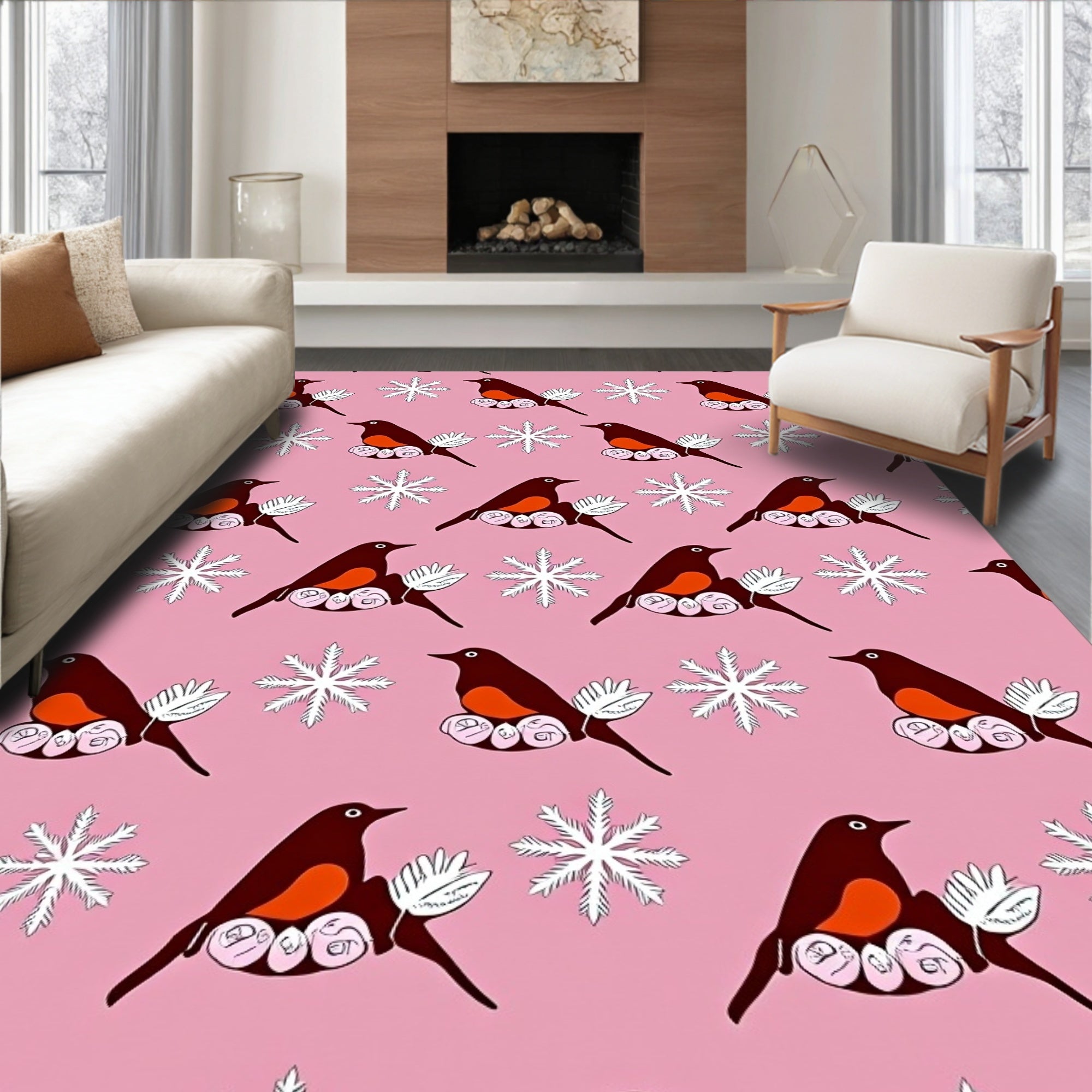 Pink Robin Snowflakes Repeat Rug