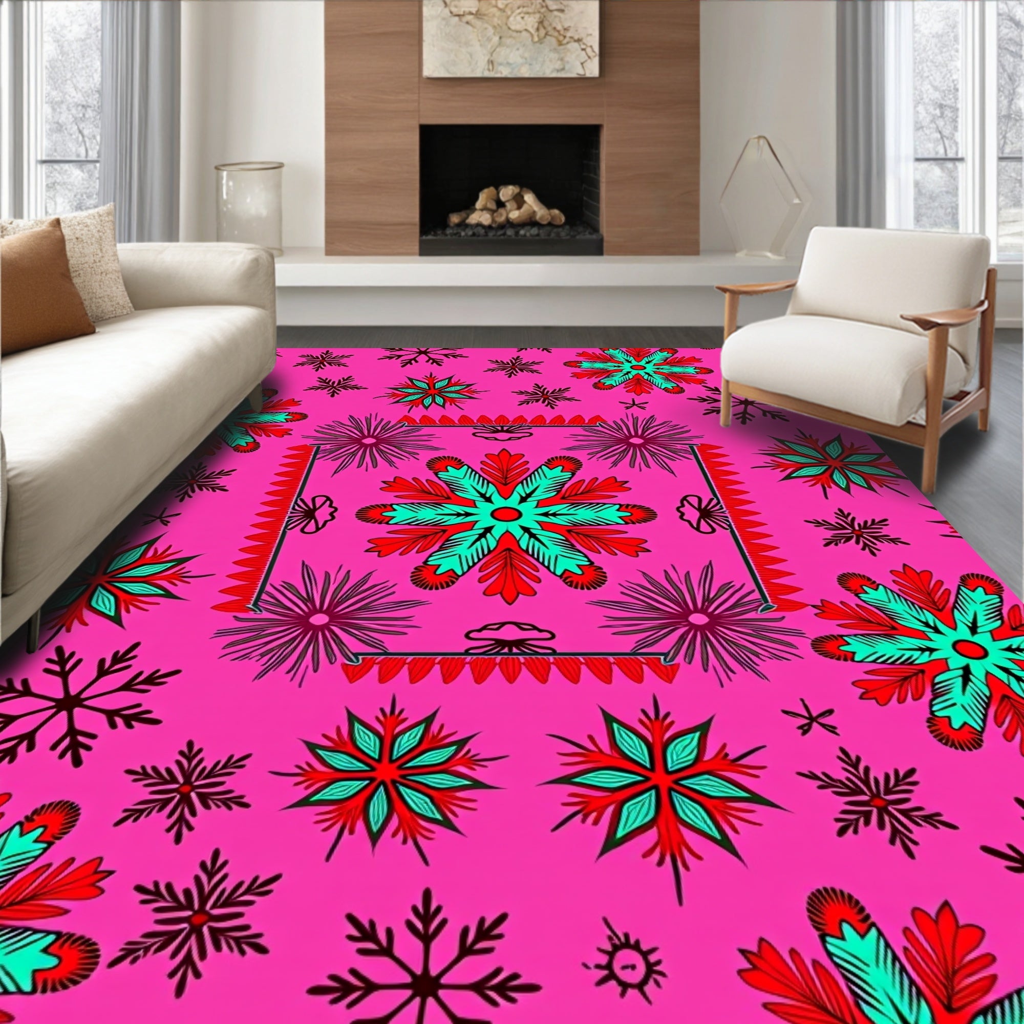 Radiant Teal and Red Snowflake Cluster Rug