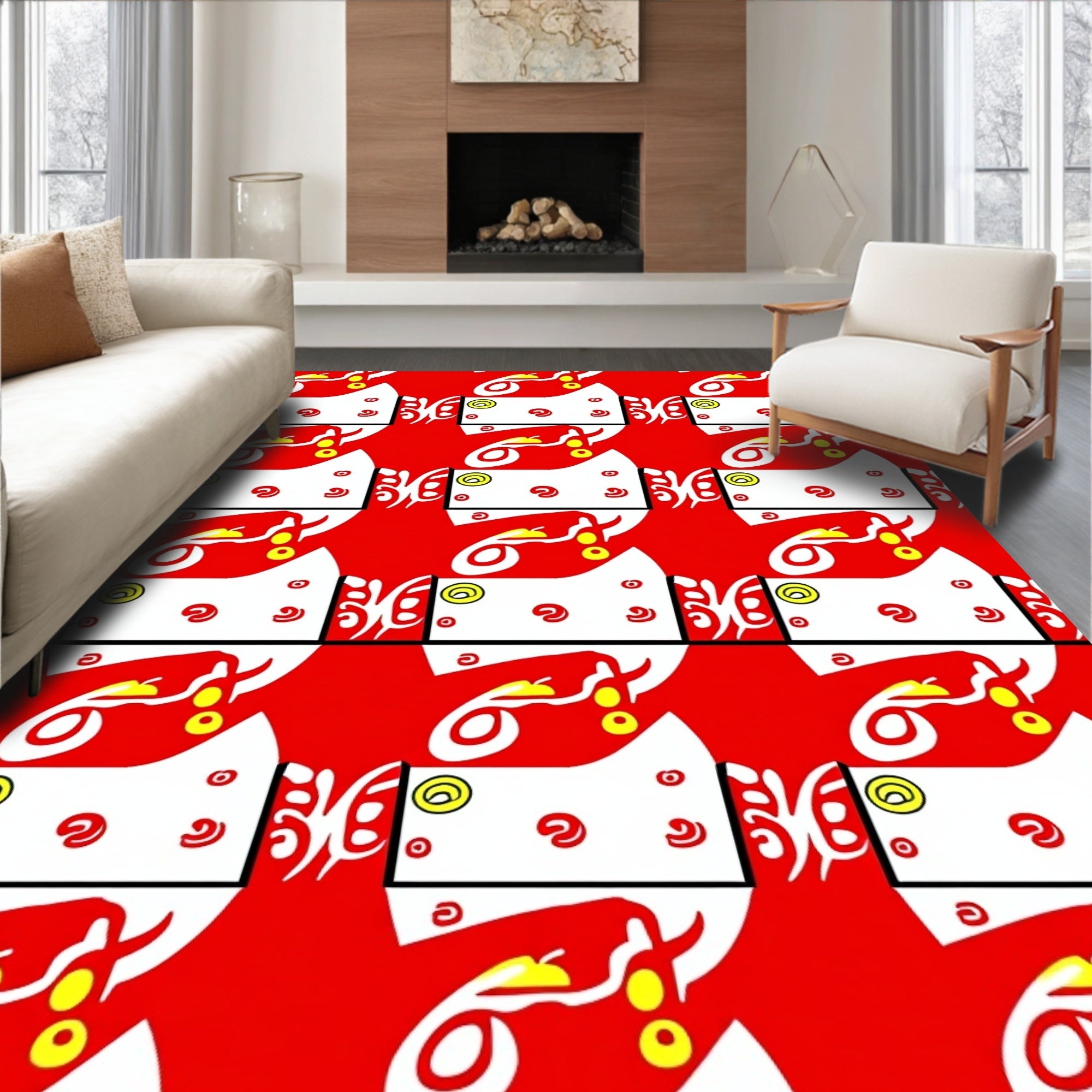 Red White Yellow Abstract Repeating Figures Rug