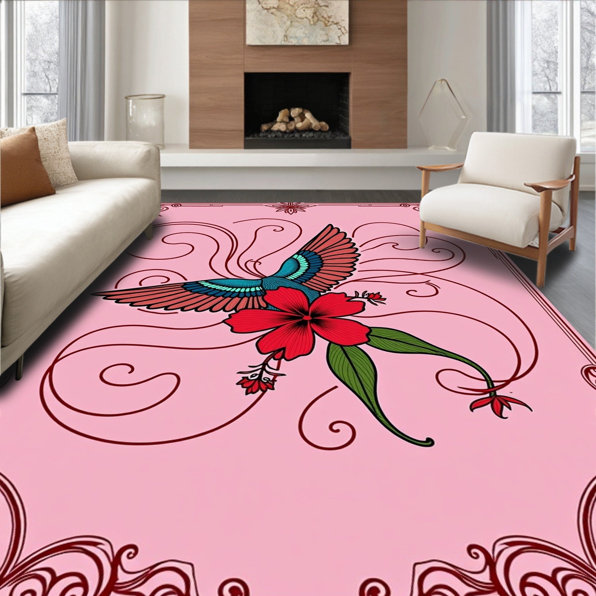 Crimson Pink Bird Hibiscus Swirl Rug
