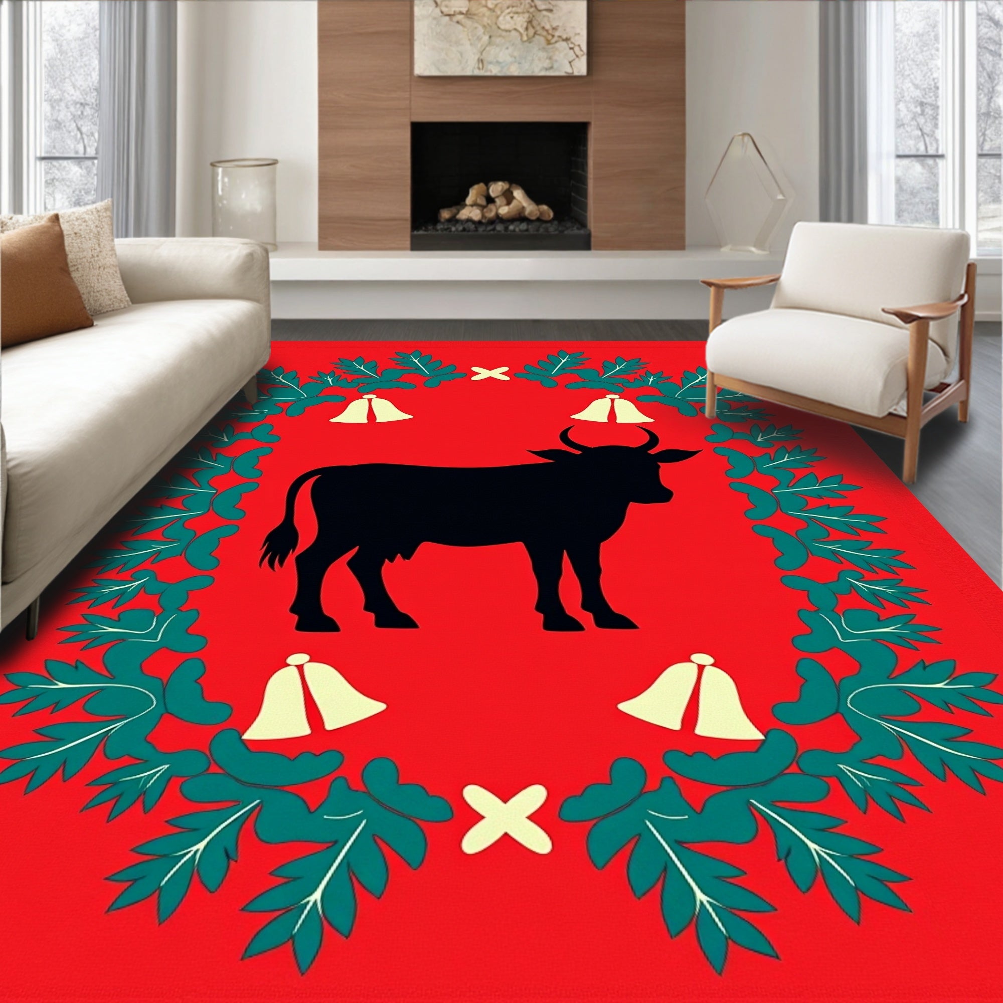 Crimson Silhouette Bull with Bells Rug