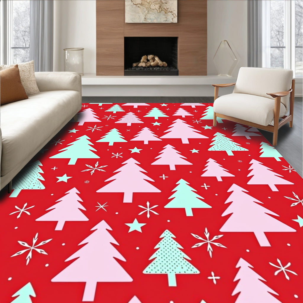 Red Christmas Trees Snowflake Cluster Rug