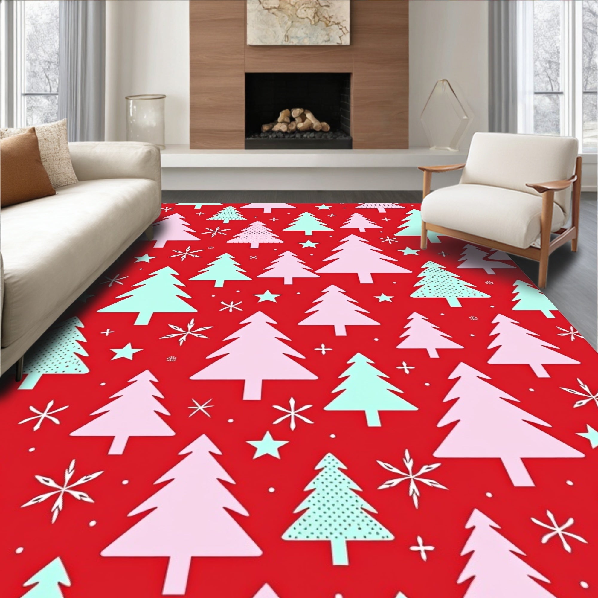 Red Christmas Trees Snowflake Cluster Rug
