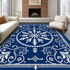 Deep Blue Snowflake Medallion Scrollwork Rug