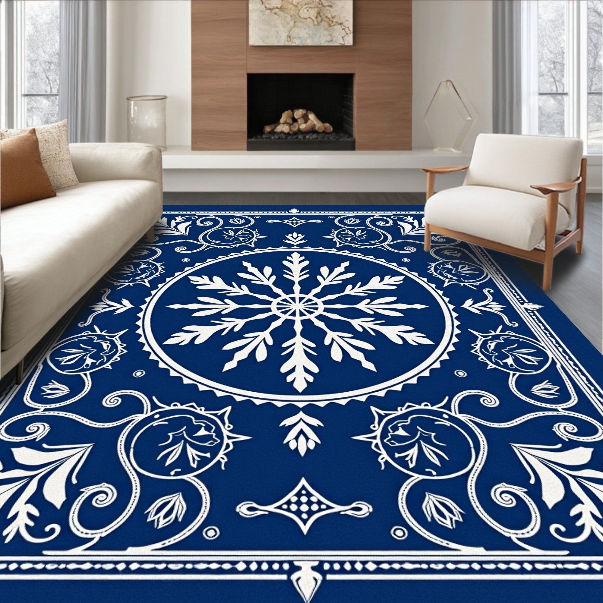Deep Blue Snowflake Medallion Scrollwork Rug