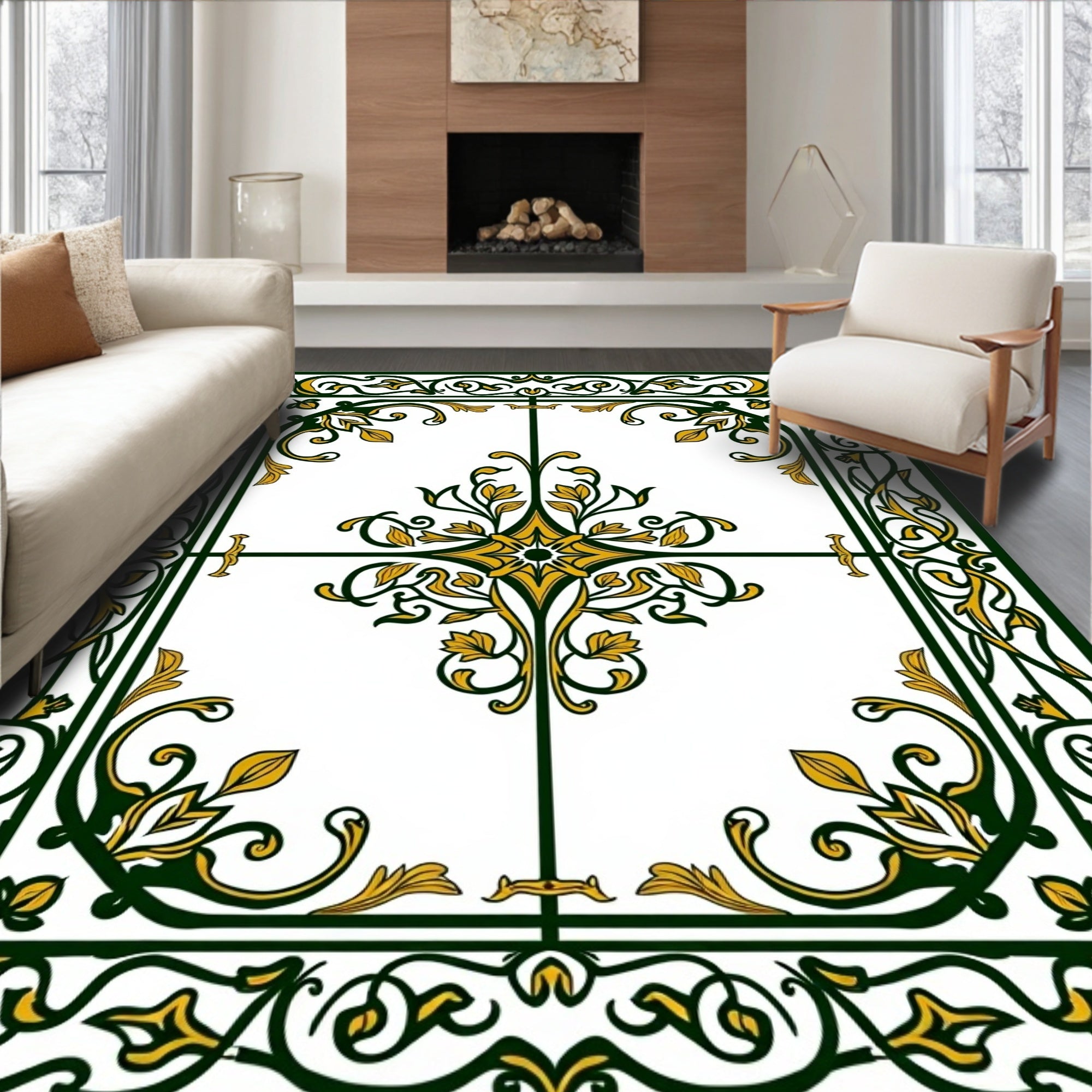 Ornate Gold Leaf Scrollwork Border Rug