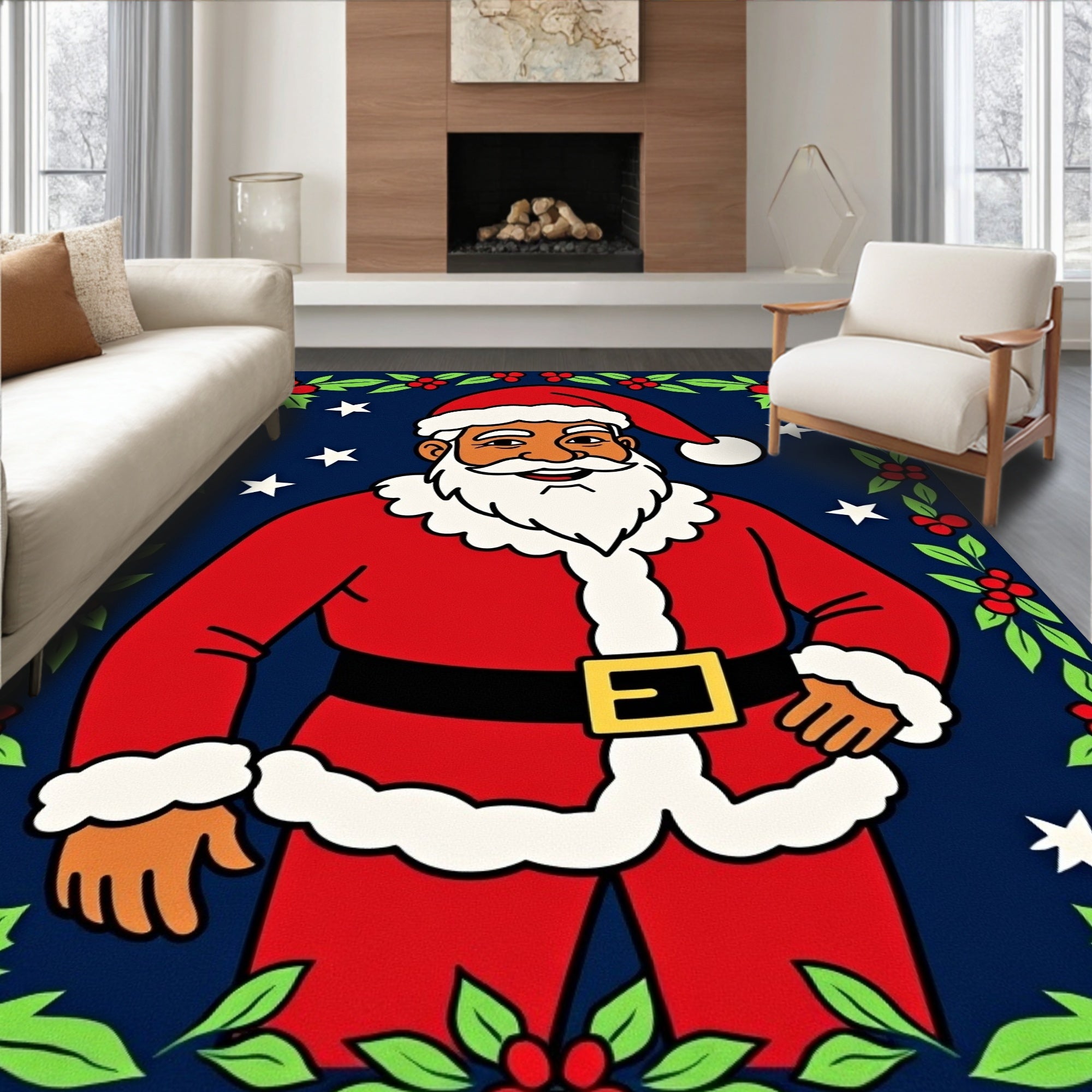Holiday Santa Claus Holly Border Rug