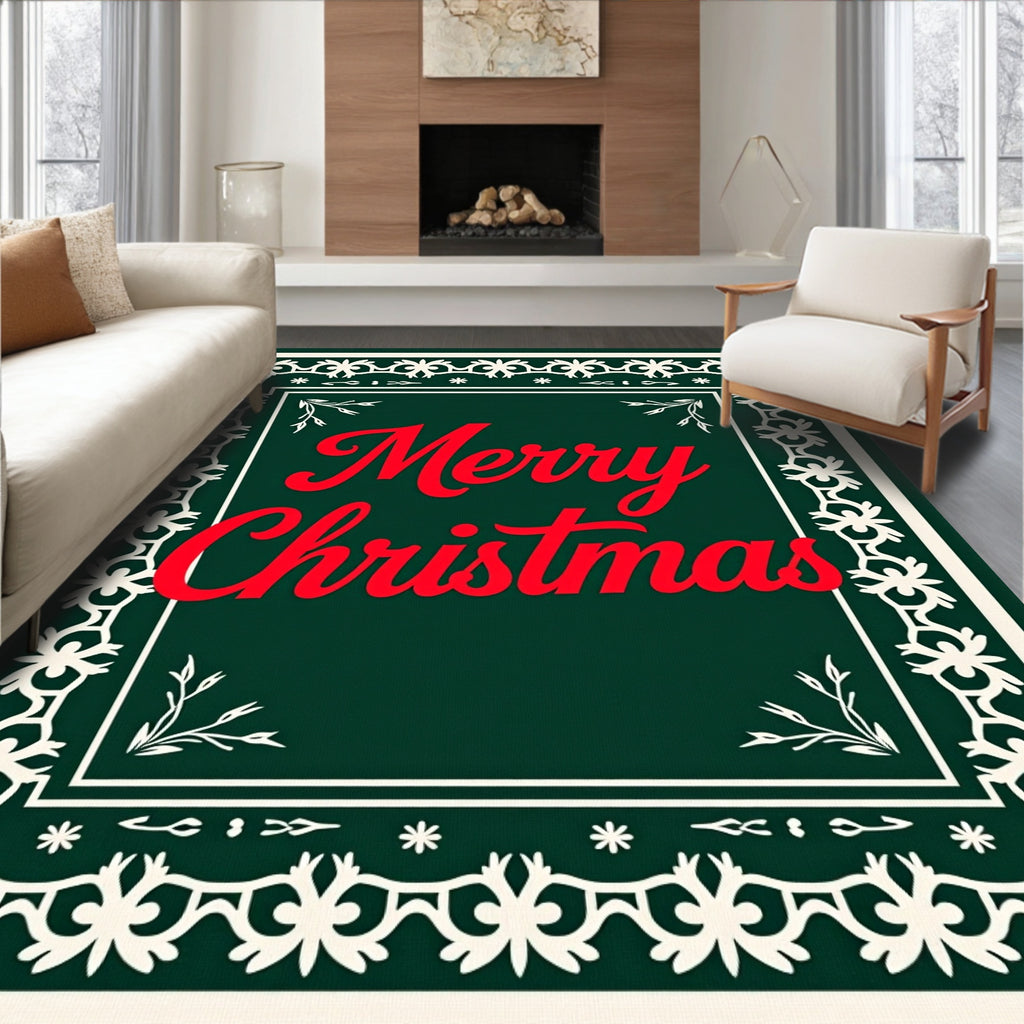 Festive Red Merry Christmas Floral Border Rug