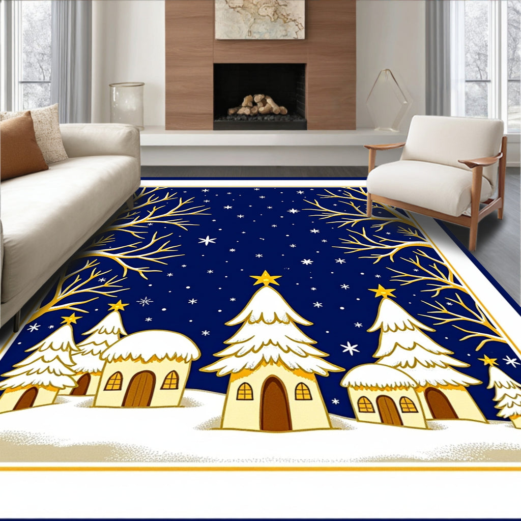 Winter Night Village Starry Sky Rug