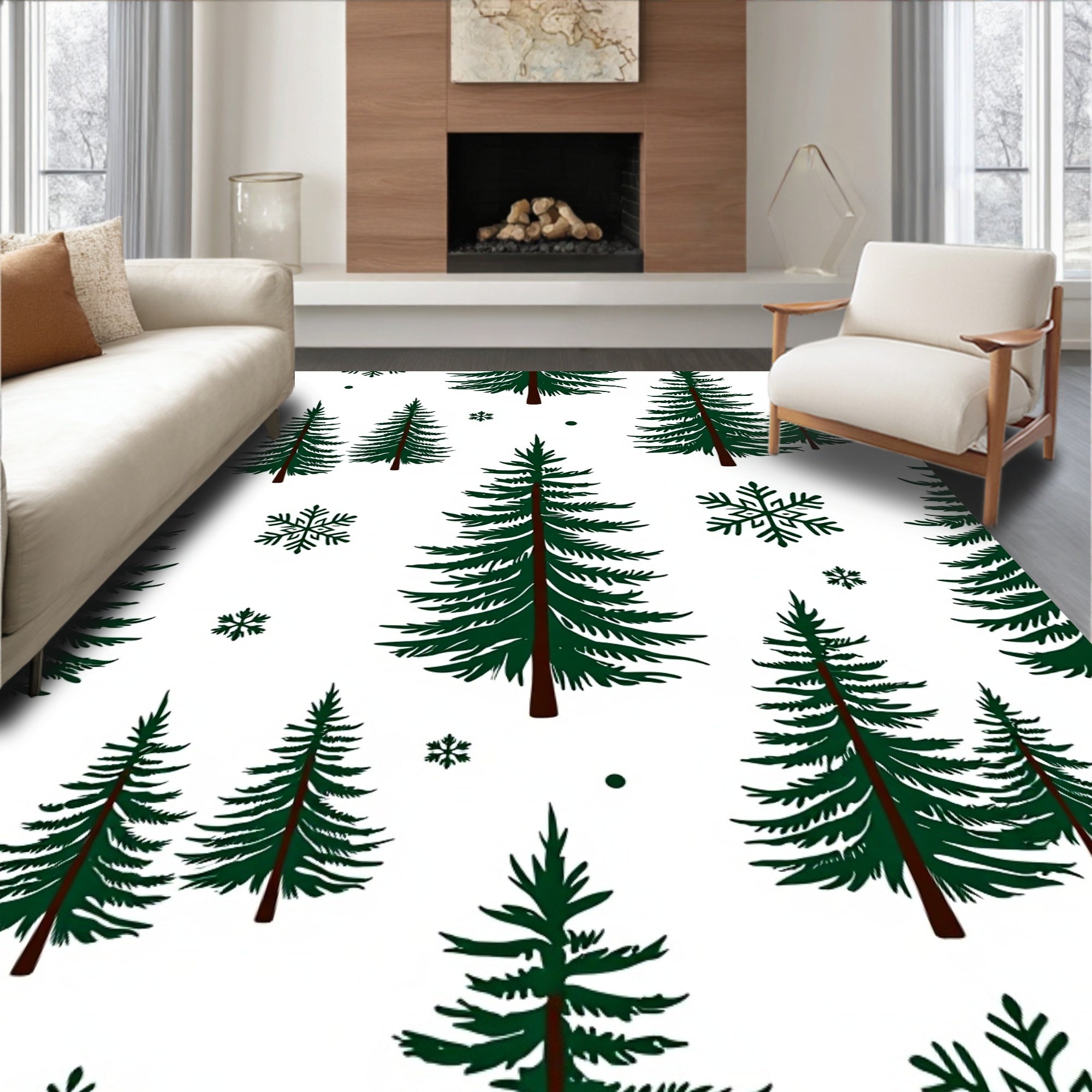Dark Green Winter Forest Snowflakes Rug