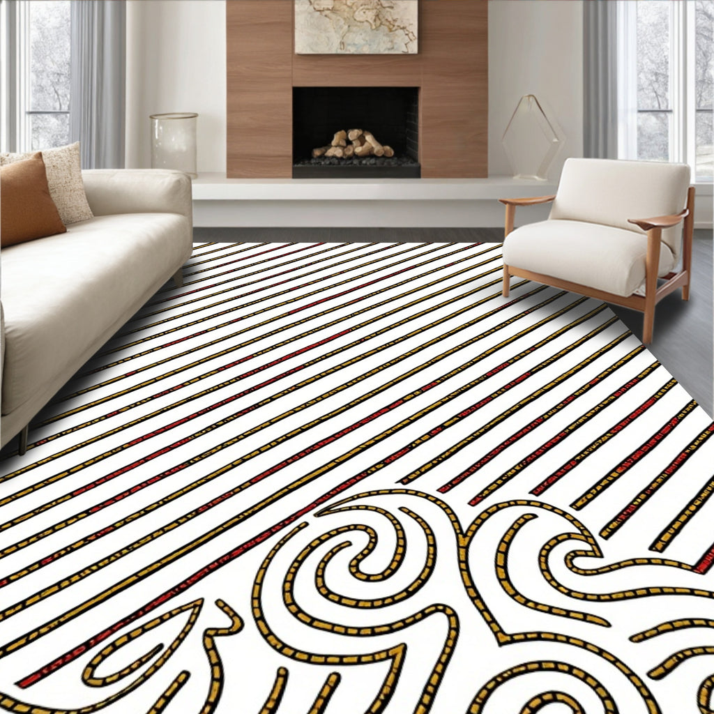 Red Gold Diagonal Stripes Swirls Rug